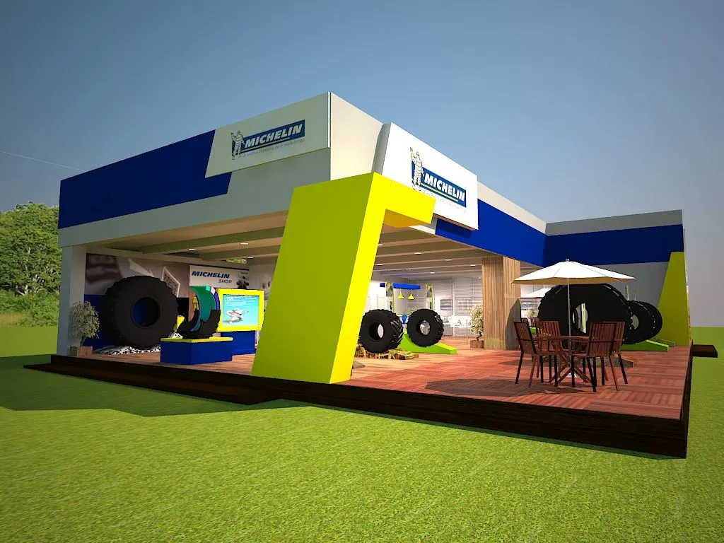 Estande rústico-tech com cobertura e piso