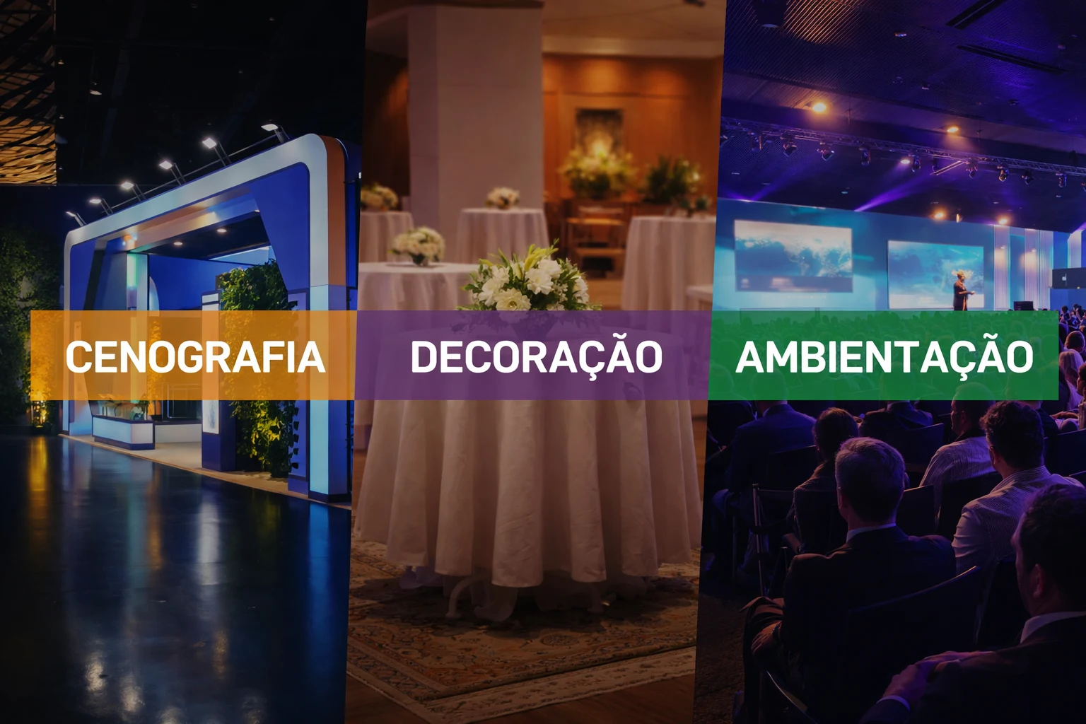 Cenografia, decoração e ambientação de eventos corporativos em Brasília — comparativo visual de espaços transformados
